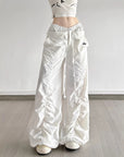 Women’s Ruffle Drawstring Embroidered Slacks – High-Waist Multi-Pocket Street Style Pants