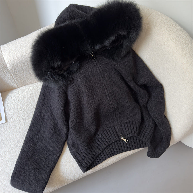 Women’s Hooded Spring Coat – Zipper Cardigan with Real Fox Fur Collar