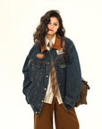 Vintage Denim Jacket  Women Motorcycle Loose Lapels