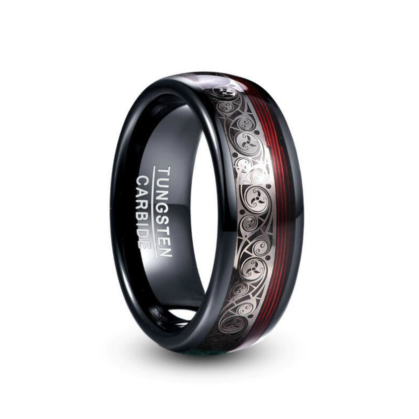 8mm Wide Electroplated Black Spiral Red Tungsten Steel Ring