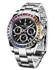 Men's Multifunctional Stainless Steel Colorful Crystals Waterproof Quartz Watch