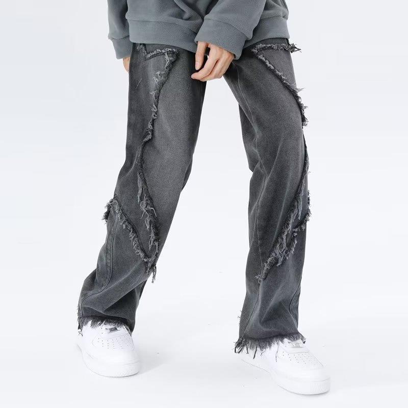 Raw Hem Jeans Men&#39;s American High Street Straight-leg Pants