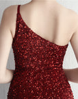 Women’s Handmade Beaded One-Shoulder Fishtail Dress – Sequined Split Long Banquet Gown