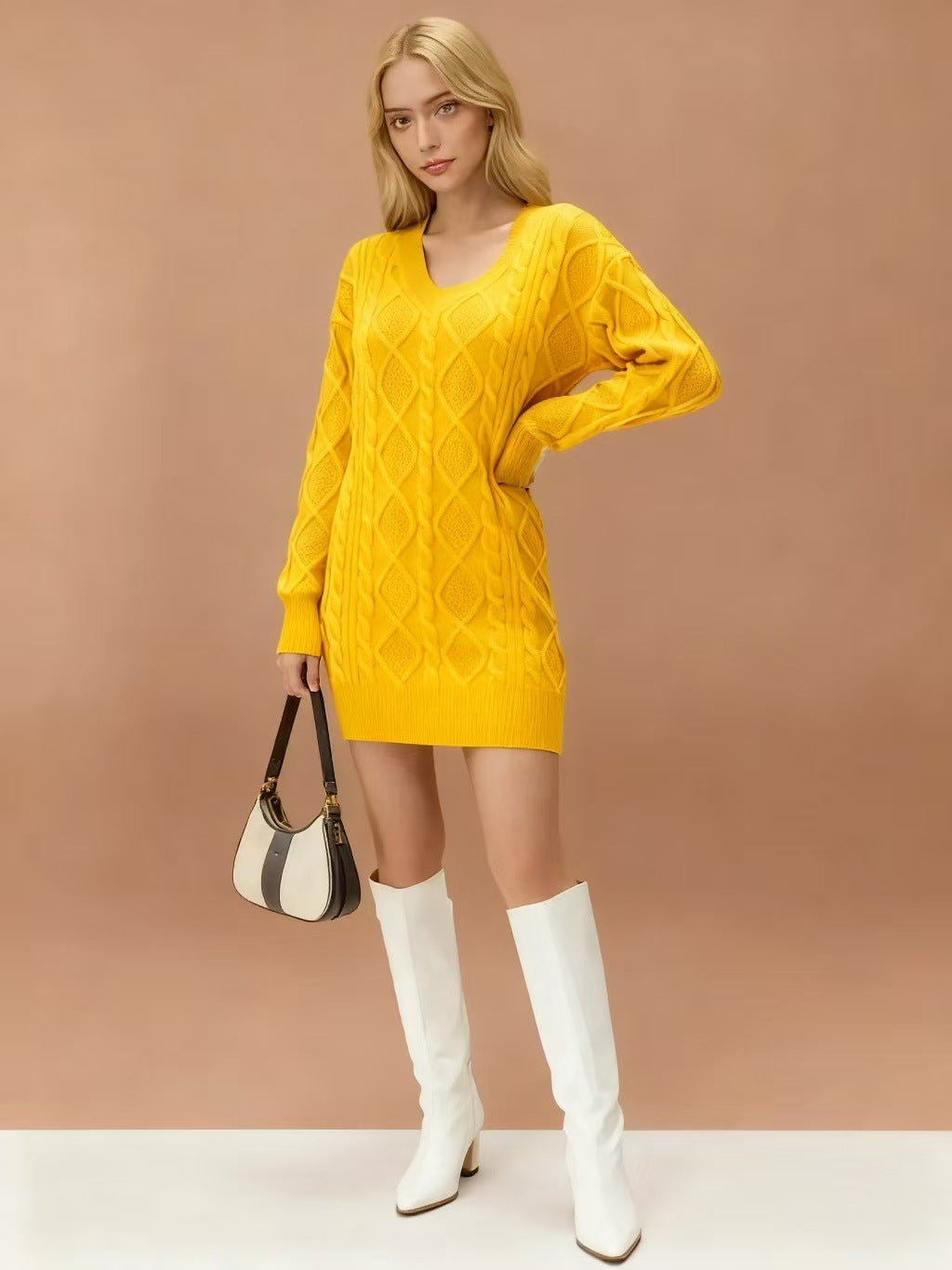 WOMEN Mid-length Sweater V-neck Knitted Twist Dress