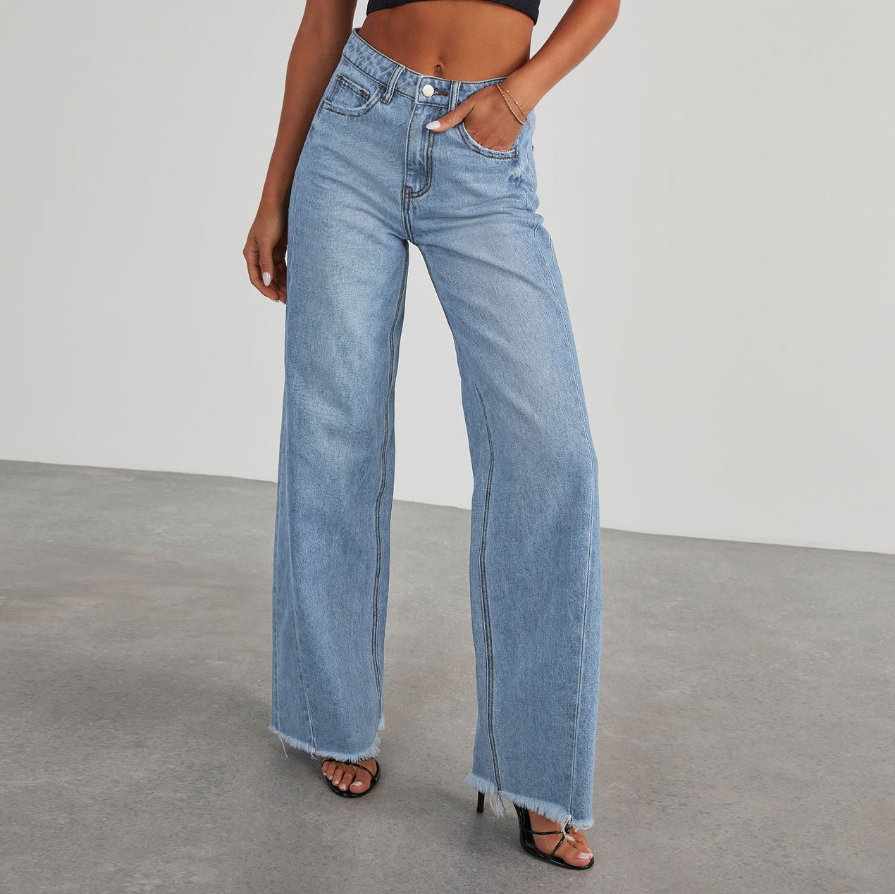 High Waist Jeans With Pockets Comfortable Slim Fit Straight Wide-leg