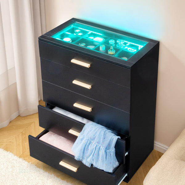 5-drawer Cabinet With Light Tempered Glass Cabinet And Bedside Table ( USA ONLT 3 TO 7 DAYS SHIPPING)