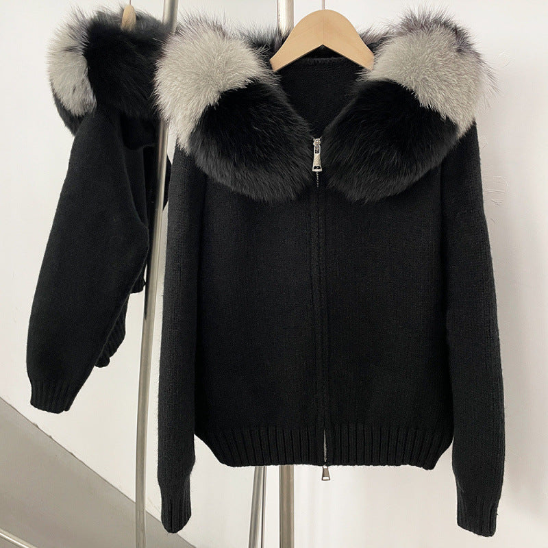 Women’s Hooded Spring Coat – Zipper Cardigan with Real Fox Fur Collar