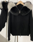 Women’s Hooded Spring Coat – Zipper Cardigan with Real Fox Fur Collar