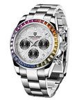 Men's Multifunctional Stainless Steel Colorful Crystals Waterproof Quartz Watch