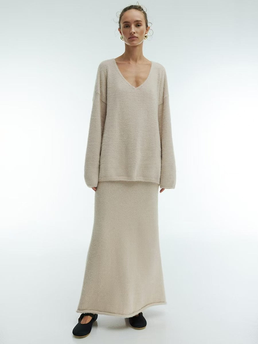 Women’s Knitted V-Neck Sweater &amp; Long Skirt Set – Simple Elegant Two-Piece Outfit