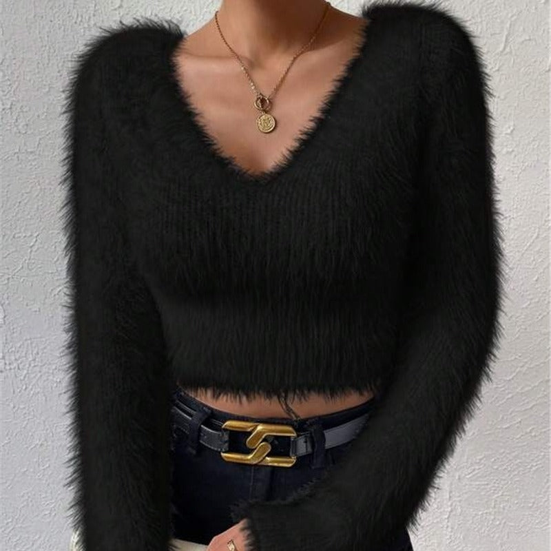 Autumn And Winter New Solid Color And V-neck Slim Fit All-match Plush Short Women&#39;s Sweater AliFinds