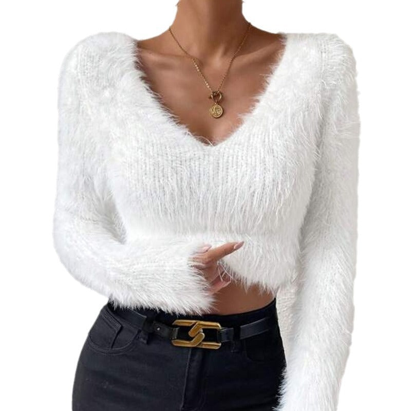 Autumn And Winter New Solid Color And V-neck Slim Fit All-match Plush Short Women&#39;s Sweater AliFinds