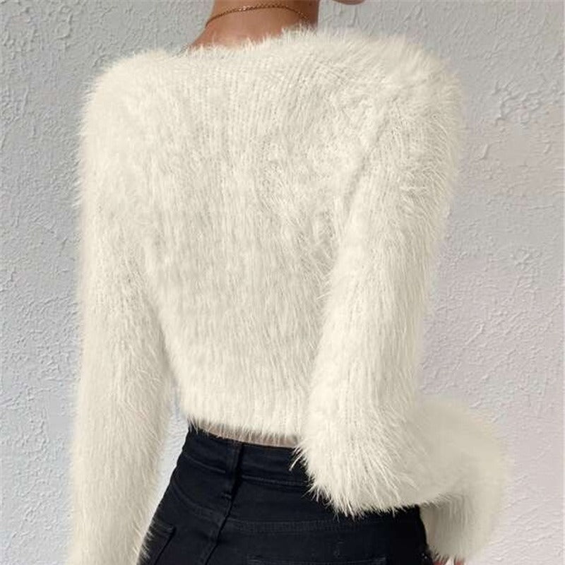 Autumn And Winter New Solid Color And V-neck Slim Fit All-match Plush Short Women&#39;s Sweater AliFinds