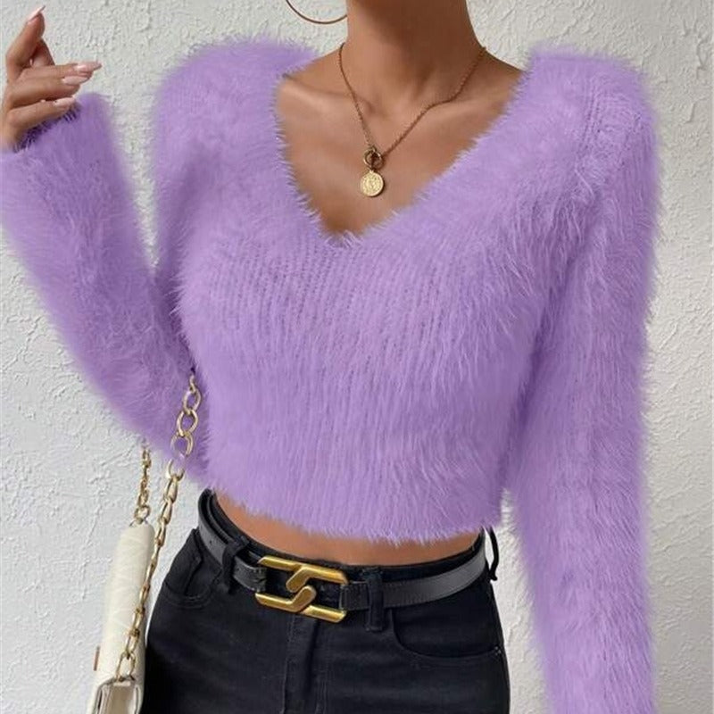 Autumn And Winter New Solid Color And V-neck Slim Fit All-match Plush Short Women&#39;s Sweater AliFinds