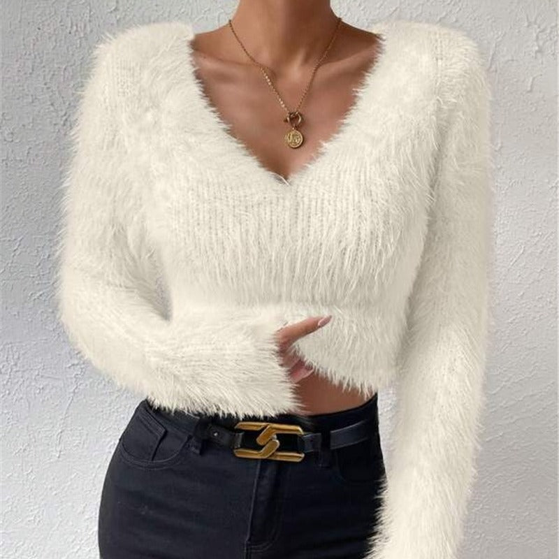 Autumn And Winter New Solid Color And V-neck Slim Fit All-match Plush Short Women&#39;s Sweater AliFinds