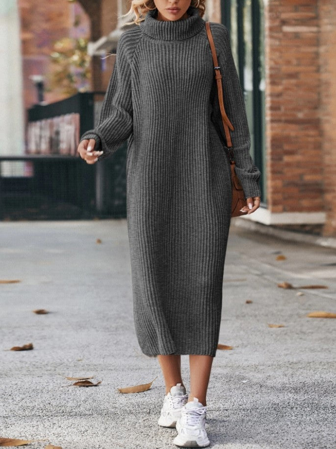 Long Below The Knee Loose High Collar Knitted Dress AliFinds