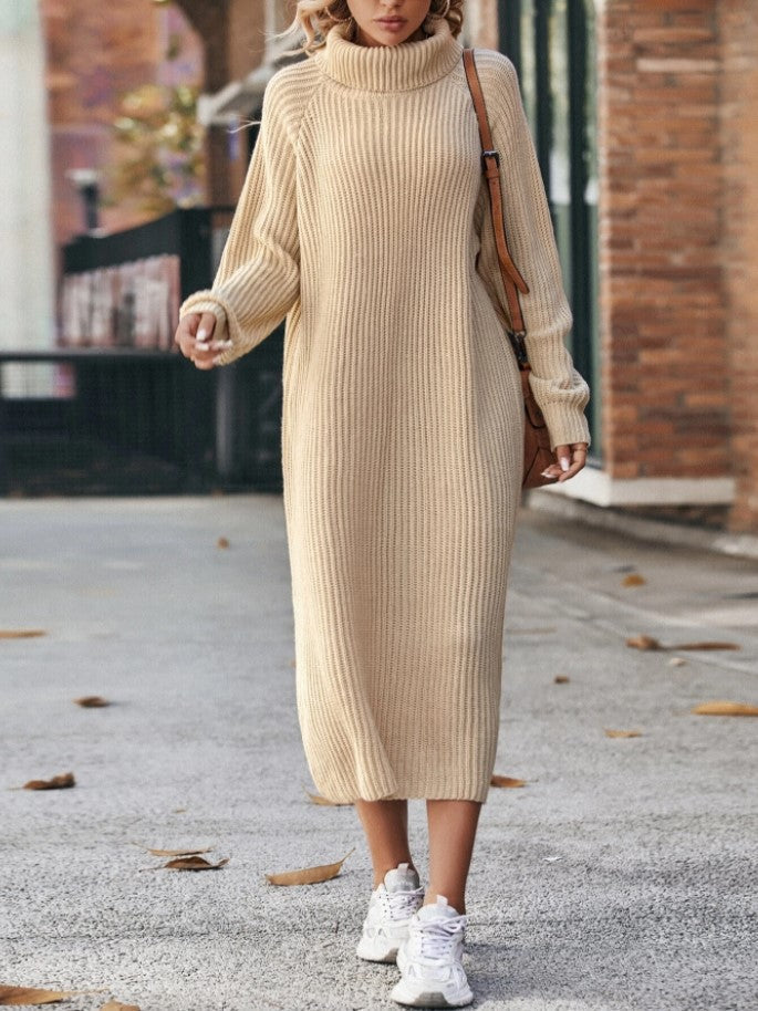 Long Below The Knee Loose High Collar Knitted Dress AliFinds