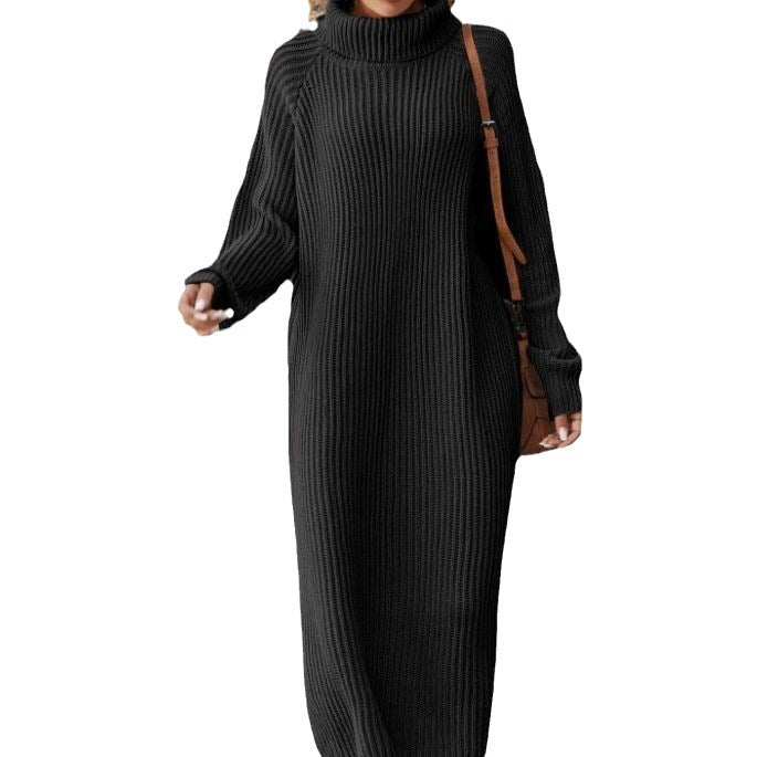 Long Below The Knee Loose High Collar Knitted Dress AliFinds