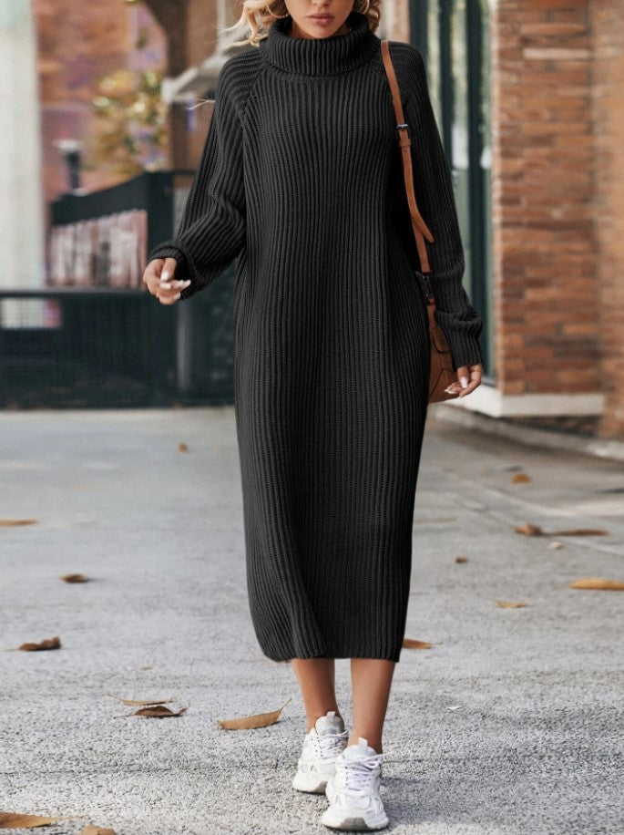 Long Below The Knee Loose High Collar Knitted Dress AliFinds