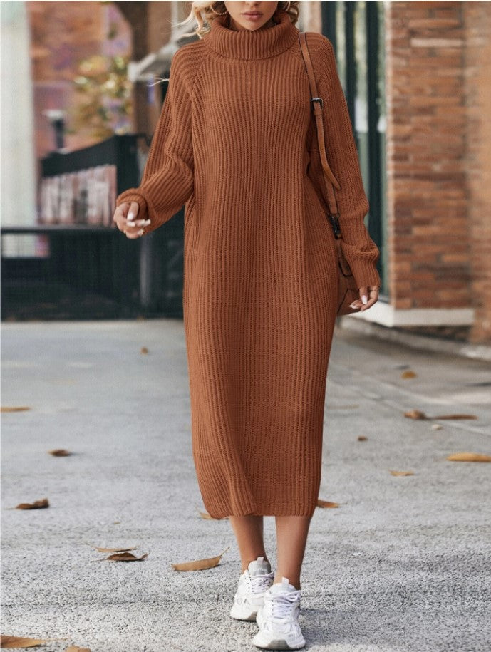 Long Below The Knee Loose High Collar Knitted Dress AliFinds