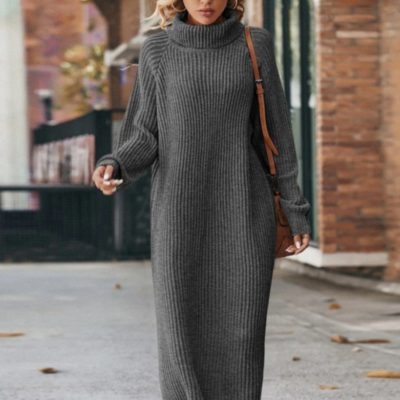 Long Below The Knee Loose High Collar Knitted Dress AliFinds