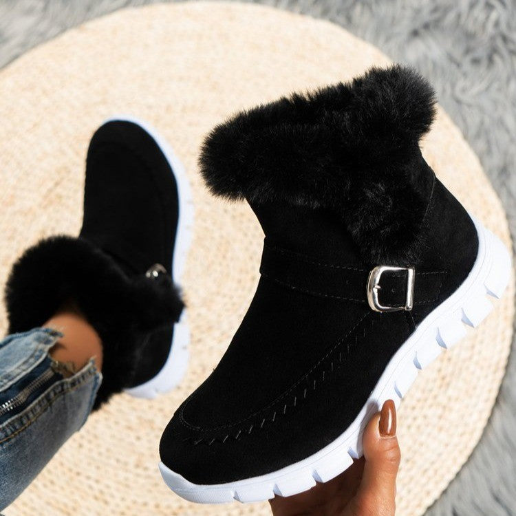 New Snow Boots Winter Warm Thickened Solid Color Plush Ankle Boots With Buckle Design Plus Velvet Flat Shoes For Women AliFinds