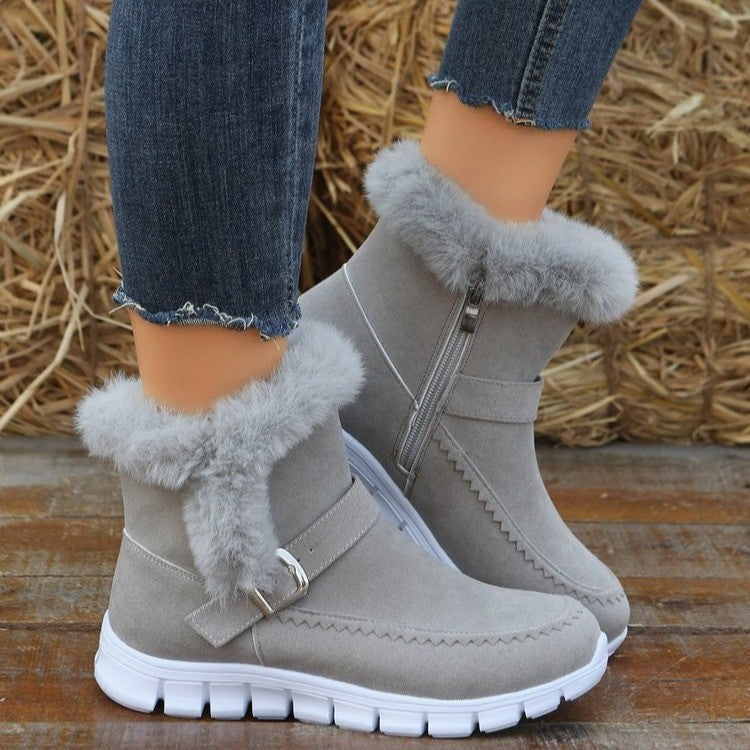 New Snow Boots Winter Warm Thickened Solid Color Plush Ankle Boots With Buckle Design Plus Velvet Flat Shoes For Women AliFinds