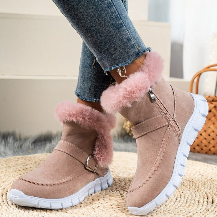 New Snow Boots Winter Warm Thickened Solid Color Plush Ankle Boots With Buckle Design Plus Velvet Flat Shoes For Women AliFinds