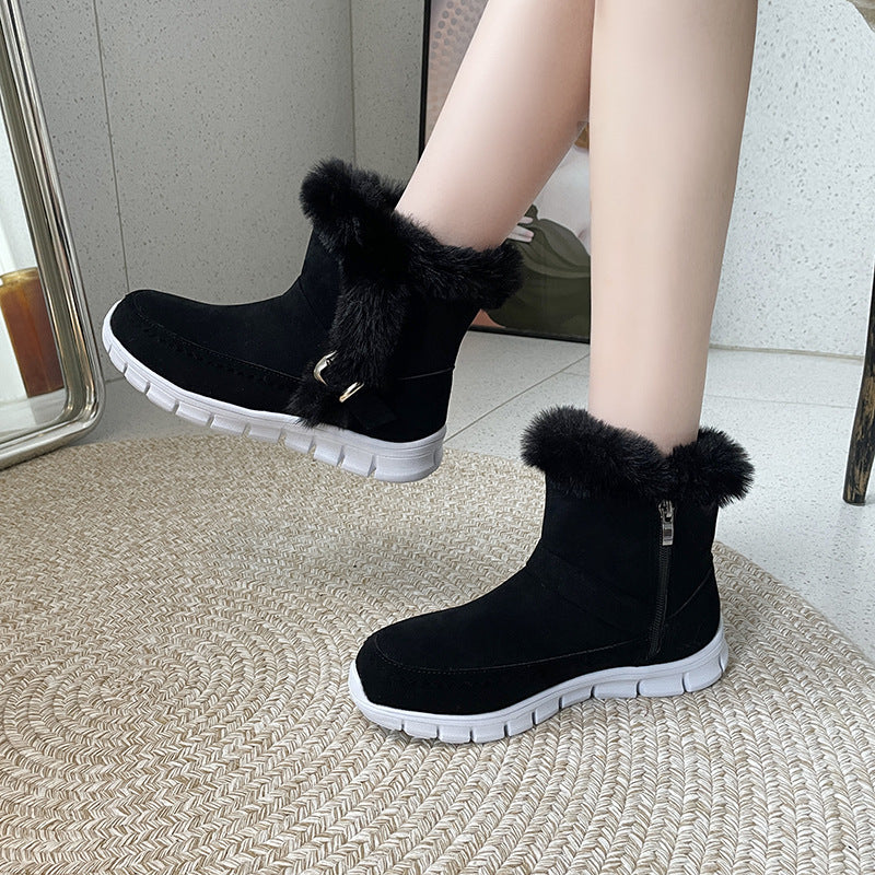 New Snow Boots Winter Warm Thickened Solid Color Plush Ankle Boots With Buckle Design Plus Velvet Flat Shoes For Women AliFinds