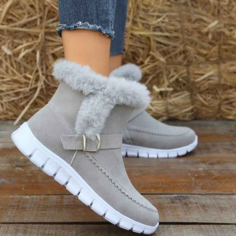 New Snow Boots Winter Warm Thickened Solid Color Plush Ankle Boots With Buckle Design Plus Velvet Flat Shoes For Women AliFinds