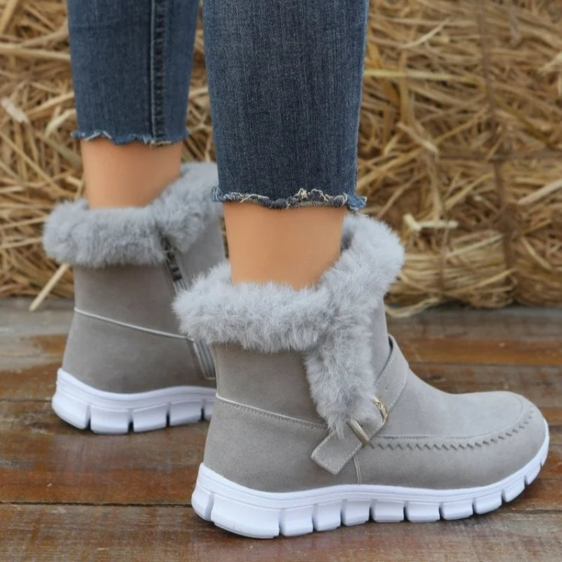 New Snow Boots Winter Warm Thickened Solid Color Plush Ankle Boots With Buckle Design Plus Velvet Flat Shoes For Women AliFinds