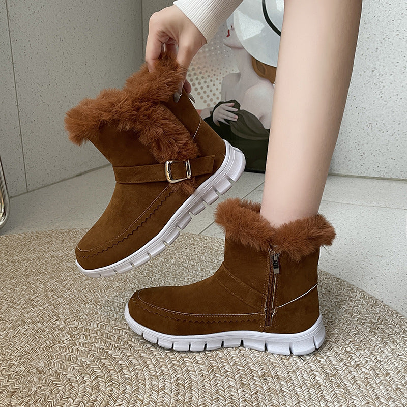 New Snow Boots Winter Warm Thickened Solid Color Plush Ankle Boots With Buckle Design Plus Velvet Flat Shoes For Women AliFinds