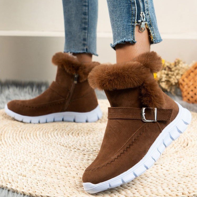 New Snow Boots Winter Warm Thickened Solid Color Plush Ankle Boots With Buckle Design Plus Velvet Flat Shoes For Women AliFinds