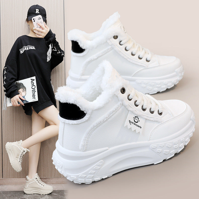 New White Shoes Middle-top Student Board Shoes Thick-soled Platform High-rise Snow Boots AliFinds