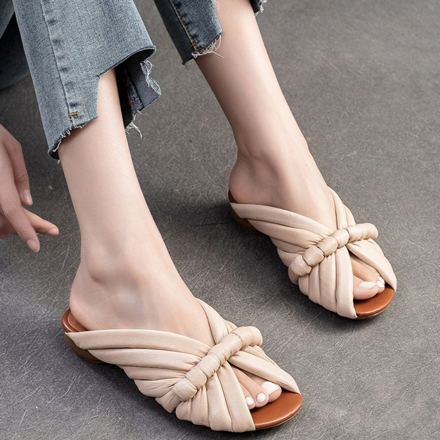 Women&#39;s Flat Slipper Genuine Leather Single Strap Slides