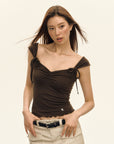Women’s Vintage Bow Shoulder Strap T-Shirt - American Retro Slim Fit Top (Brown, XS-L) Urban Commute Style