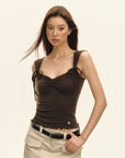 Women’s Vintage Bow Shoulder Strap T-Shirt - American Retro Slim Fit Top (Brown, XS-L) Urban Commute Style