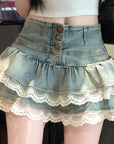 Women’s Double-Layer Lace Ruffled Denim Skirt – Pure Hot Girl College Style