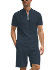 Simple POLO Men's Zip-up Shirt Short Sleeve Crew Neck Casual Shorts Suit