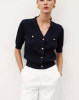 Women’s Button V-Neck Short Sweater – Soft Princess Sleeve Knit Top