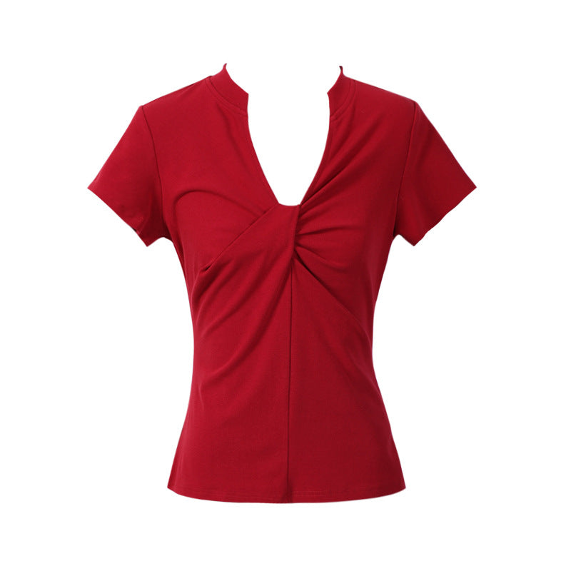 Women&#39;s V-Neck Knot Front T-Shirt - Slim Fit Polyester Top (Apricot/Gray/Red/Black, S/M) Casual Pullover Blouse