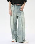Light Blue Stitched Wide Leg Jeans for Women – High-Waisted Loose Fit Comfort (Sizes S-XL)
