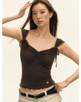 Women’s Vintage Bow Shoulder Strap T-Shirt - American Retro Slim Fit Top (Brown, XS-L) Urban Commute Style