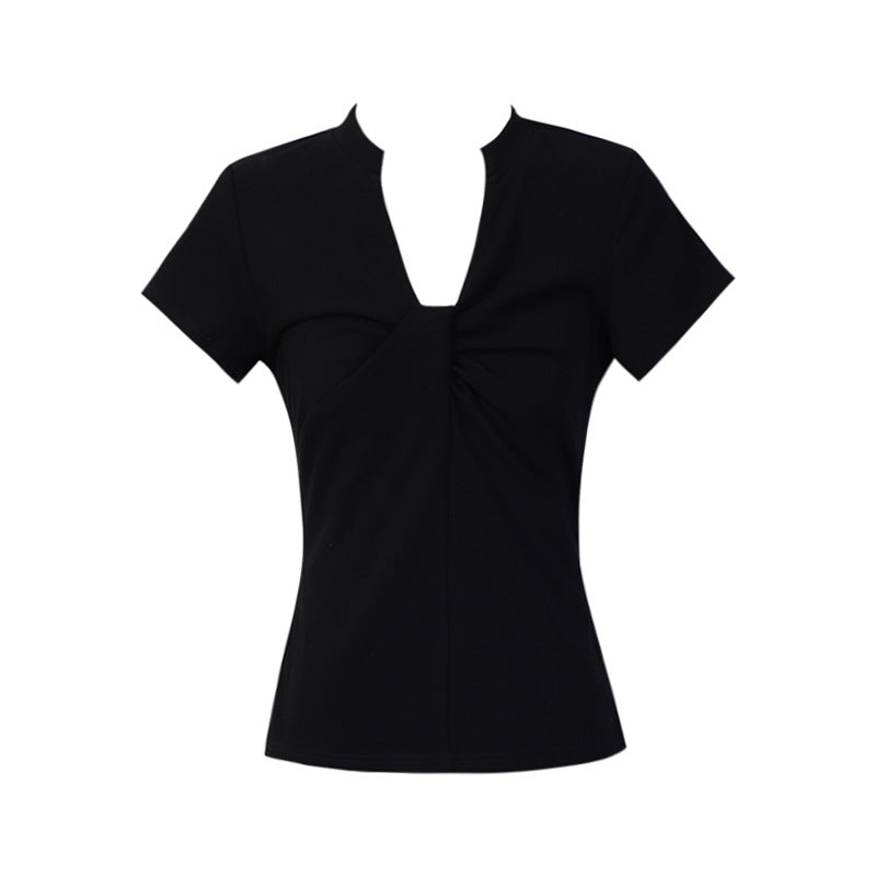Women&#39;s V-Neck Knot Front T-Shirt - Slim Fit Polyester Top (Apricot/Gray/Red/Black, S/M) Casual Pullover Blouse
