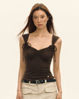 Women’s Vintage Bow Shoulder Strap T-Shirt - American Retro Slim Fit Top (Brown, XS-L) Urban Commute Style