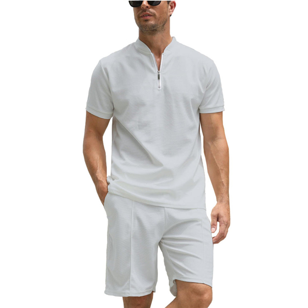 Simple POLO Men&#39;s Zip-up Shirt Short Sleeve Crew Neck Casual Shorts Suit