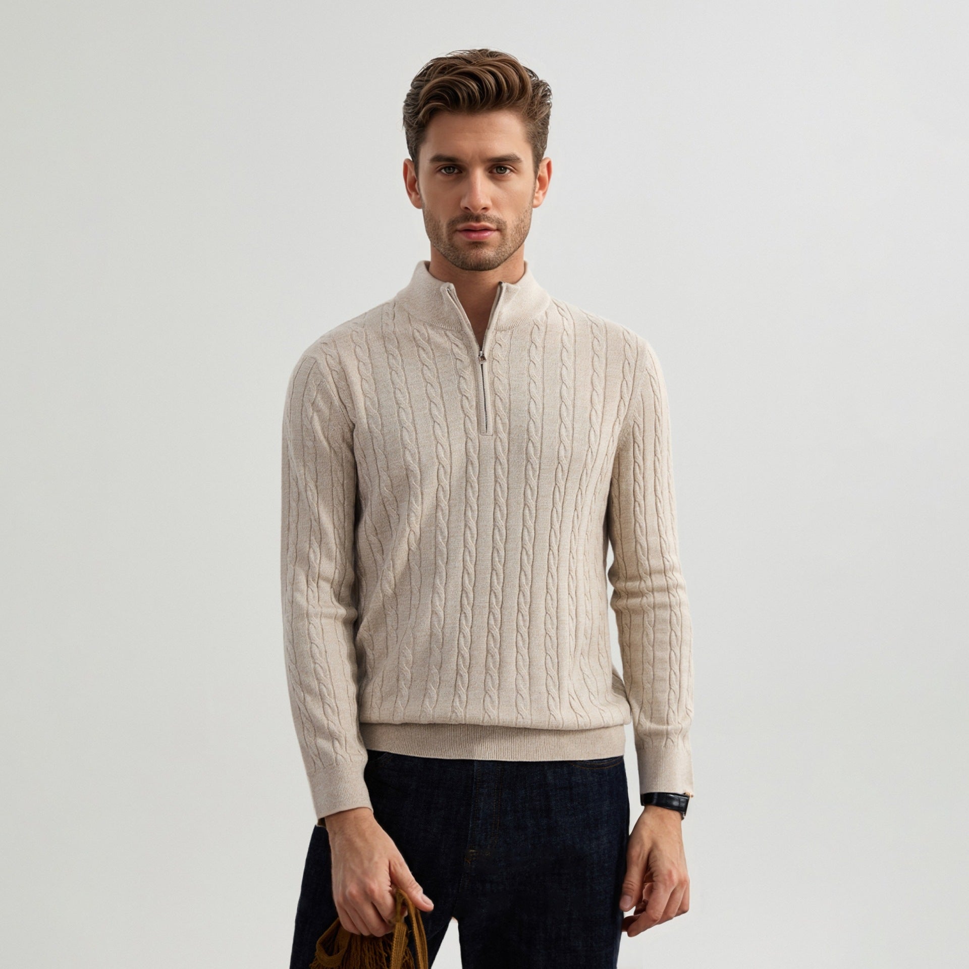 Men’s Stand Collar Twisted Zipper Sweater – American Old Money Wool Blend Knit