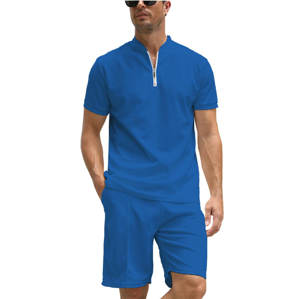 Simple POLO Men&#39;s Zip-up Shirt Short Sleeve Crew Neck Casual Shorts Suit