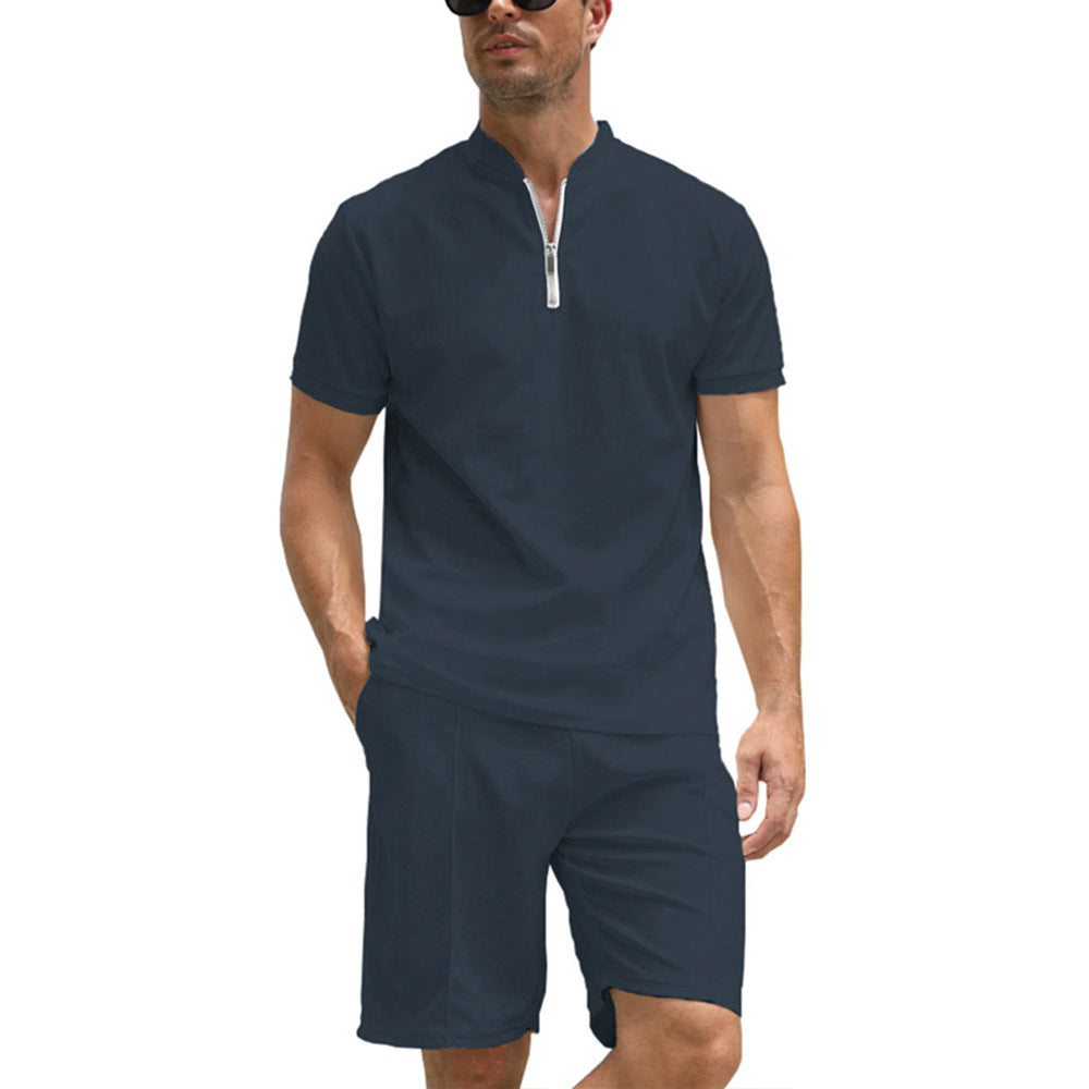 Simple POLO Men&#39;s Zip-up Shirt Short Sleeve Crew Neck Casual Shorts Suit