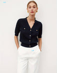 Women’s Button V-Neck Short Sweater – Soft Princess Sleeve Knit Top